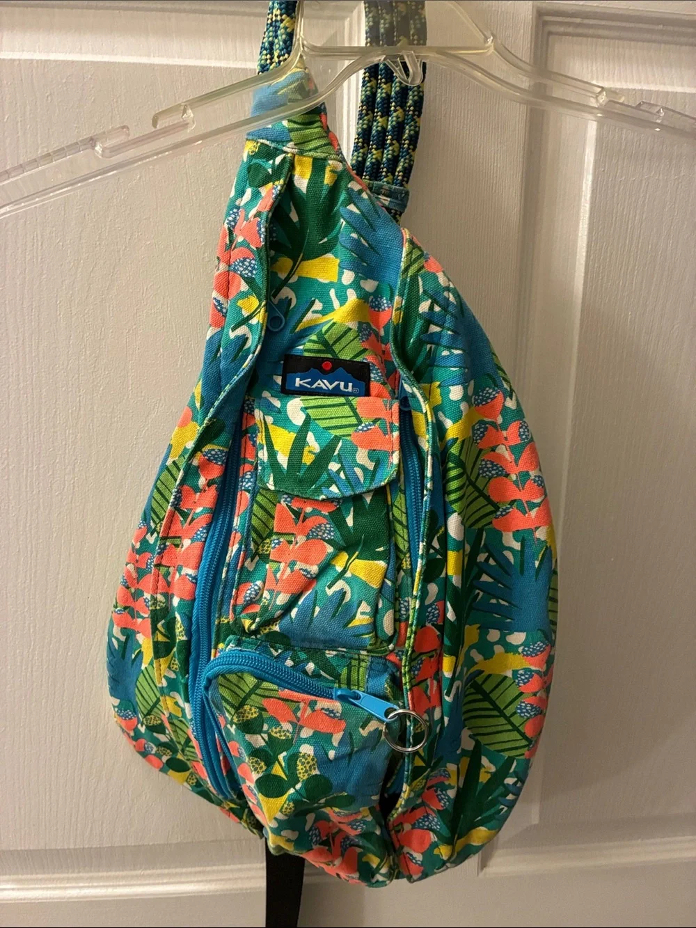 Kavu Tropical Floral Rope Sling Bag — Teal, Coral & Green